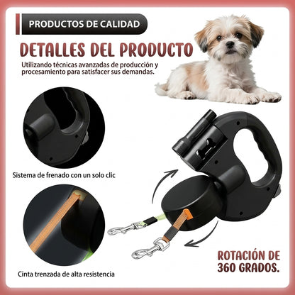 Correa Retractil Doble para Perros con Cuerda de 3 Metros